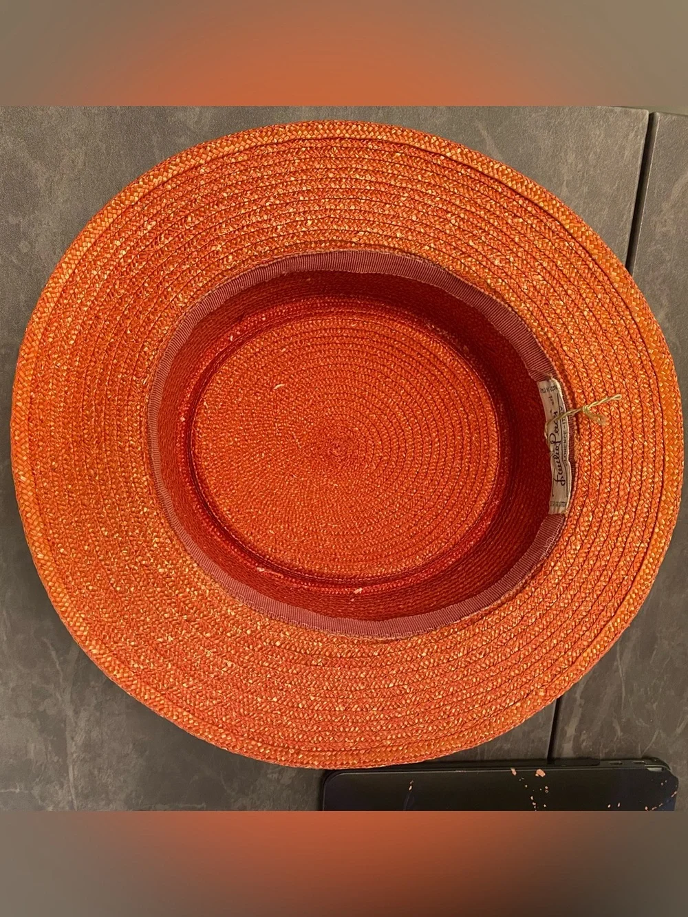 Vintage 1970s Pucci Straw Boater Sun Hat Logo Peach Orange Pastel Flat Top XS